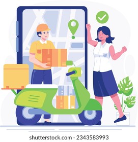 Online delivery service concept. Vector flat graphic design illustration of courier man and woman with boxes on the scooter. Delivery service concept style. For shipping, modern technology, artificial