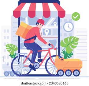 Online delivery service concept. Vector illustration in flat style. Delivery man rides a bicycle with delivery robot car. For shipping, modern technology, artificial intelligence technology concept.