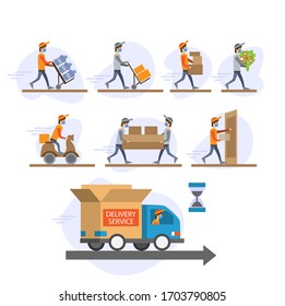 Online delivery service concept . Warehouse, truck, drone,online order tracking, scooter and bicycle courier, delivery man in respiratory mask. Vector illustration