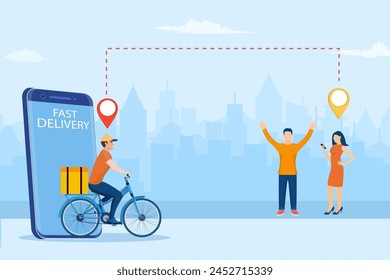 online delivery service concept. woman order food via smartphone. delivery home and office. bicycle courier. template, mobile app, poster, banner. Vector illustration in flat style