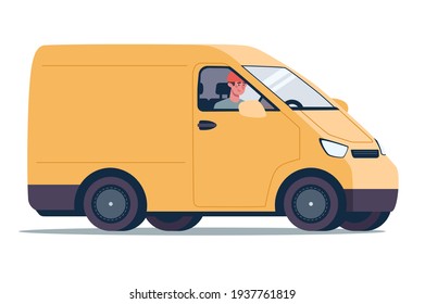 Online delivery service concept, yellow cargo van. Courier on the truck. Vector illustration in a flat style on a white background.