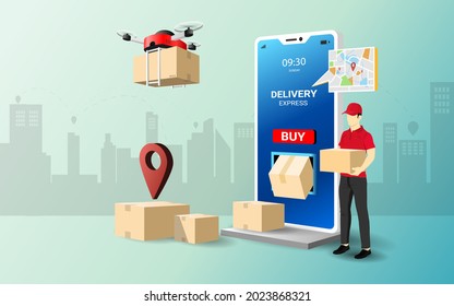 Online delivery service concept.Delivery courier man holding Parcel Box with mobile phone.Online order.Internet e-commerce.tracking,Logistics.Webpage,app design.3D Vector illustration