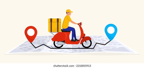 Online delivery service with courier by scooter. Fast and free delivery. Tracking courier by map with location pin, order tracking. Urgent shipping. Quick delivery service for home and office