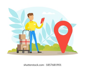 Online Delivery Service, Courier Delivering Parcel Box using Smartphone with Mobile App Vector Illustration