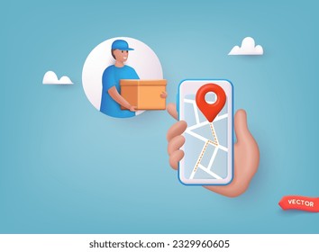 Online delivery service with courier with packing. Hand holding smartphone with delivery service or delivery tracking mobile application. 3D Web Vector Illustration.