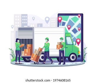 Online delivery service with courier wearing mask and giant smartphone and truck delivery van flat vector illustration