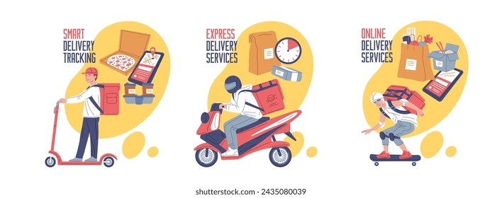 Online delivery service design concept set for app and web. Courier delivering order in thermal bag riding scooter, motorcycle and skateboard. Flat vector illustration with abstract background.