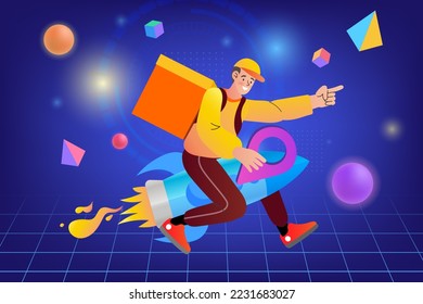 Online delivery service. e commerce marketing and order delivery concept. Man in helmet riding rocket with box isolated on blue background. 
