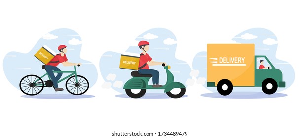 Online delivery service and E-commerce concept. Fast shipping according to customers orders. Warehouse, truck, scooter and bicycle courier. Food service. delivery home and office. Vector illustration.