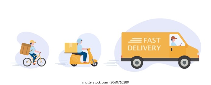 Online delivery service and E-commerce concept. Fast shipping according to customers orders by bikes, motorcycles and trucks to deliver to customer as quick as possible. EPS10 Vector illustration.