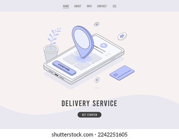 Online delivery service e-commerce concept. Smartphone with delivery order processes and confirm button. Same-day local on-demand courier delivery app. Outline vector business landing page template.