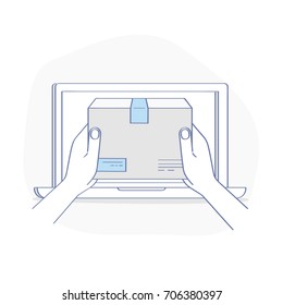 Online-Zustelldienst, E-Commerce, Online-Zustellung. Hände, die eine Packung aus dem Laptop-Bildschirm halten. Flache Vektorgrafik, UX / UI Vektorelement für Web- und Mobile-Design.