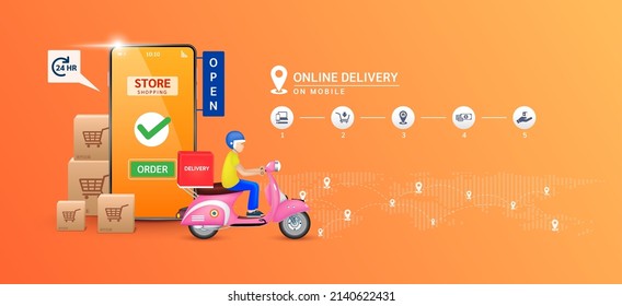 Online delivery service. Fast delivery by scooter to at home. Smartphone with shop app. Shopping online on website in mobile application and delivery process. Isolated on orange background 3D vector.