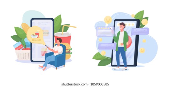 Online delivery service flat concept vector illustration set. Smartphone app. Grocery order. Fast food takeaway. Customer 2D cartoon characters for web design. Good feedback creative idea collection