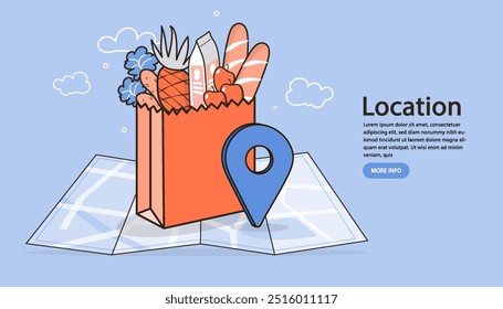 Servicio de entrega en línea. Mapa doblado y pin de ubicación. restaurante está aquí. mapa de la ciudad con el puntero del pin. hombre cambio de Dirección. Concepto de comercio electrónico. restaurante está aquí. Ilustración de contorno de Vector.