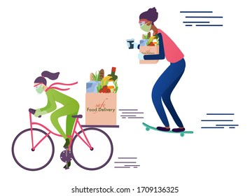 Online delivery service from grocery store and restaurants. Fast safe food delivery. Woman and man in protection mask and gloves delivers food. Flat vector