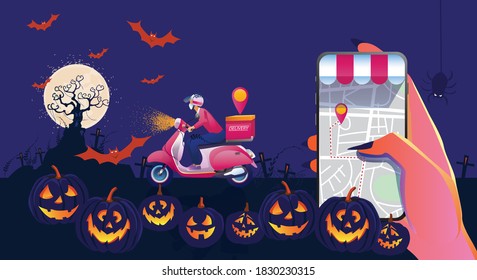 Online Delivery Service Halloween Party Courier rides scooters around lots of pumpkins in the dark night. Fast delivery and support your celebration. Illustration vector flat design 