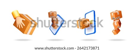 Online delivery service. Hand with a postal box. Product shipping mobile application in smartphone. Digital order fulfillment.