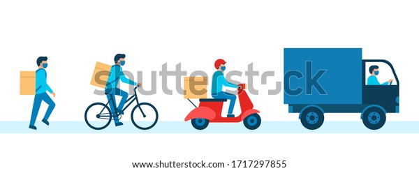 Online delivery service,
delivery home. Fast courier with box goods, delivery man in
respiratory mask. Pedestrian, bicycle, scooter, car courier. Vector
illustration