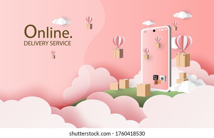 Online delivery service home office  Warehouse,cartoon paper art on mobile. Vector illustration.shopping online