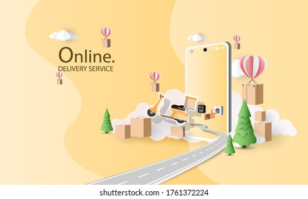 Online delivery service home office  Warehouse,cartoon paper art on mobile. Vector illustration.shopping online