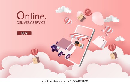 Online delivery service home office  Warehouse,cartoon paper art on mobile. Vector illustration.shopping online