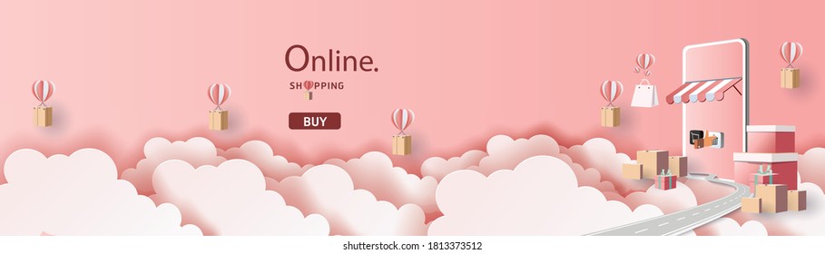 Online delivery service home office  Warehouse,cartoon paper art on mobile. Vector illustration.shopping online