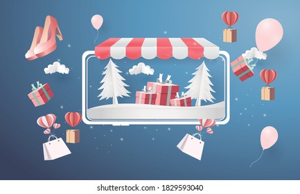 Online delivery service home office Warehouse,cartoon paper art on mobile. Vector illustration.shopping online