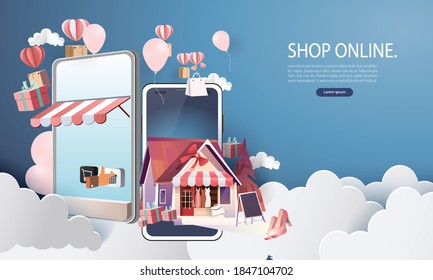 Online delivery service home office Warehouse,cartoon paper art on mobile. Vector illustration.shopping online