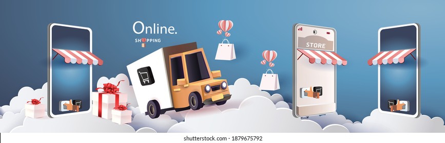 Online delivery service home office  Warehouse,cartoon paper art on mobile. Vector illustration.shopping online