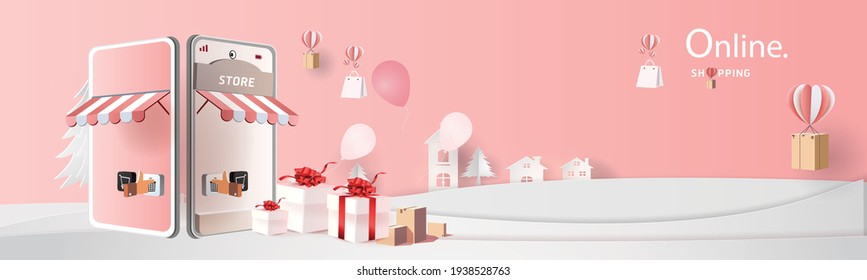 Online delivery service home office  Warehouse,cartoon paper art on mobile. Vector illustration.shopping online