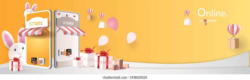 Online delivery service home office  Warehouse,cartoon paper art on mobile. Vector yellow illustration.shopping online