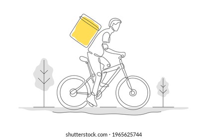 Online delivery service. Delivery home and office. One line art. Delivery man on bicycle. Vector illustration