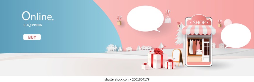 Online delivery service home office  Warehouse,cartoon paper art on mobile. Vector illustration.shopping online