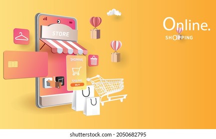 Online delivery service home office  Warehouse,cartoon paper art on mobile. Vector illustration.shopping online