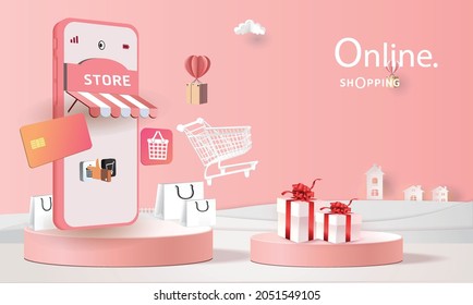 Online delivery service home office  Warehouse,cartoon paper art on mobile. Vector illustration.shopping online
