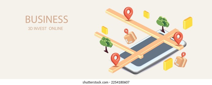 Online delivery service home office  Warehouse,cartoon on mobile. Vector illustration.shopping 3D Fast service location and order tracking