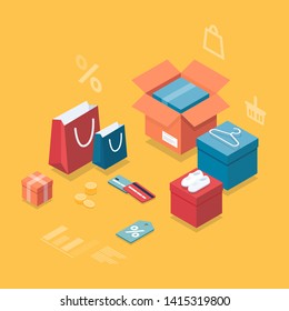 Online delivery service illustration with boxes, shopping bags, credit cards, icons, coins, shoes. Internet shipping concept. Transportation and logistic digital shopping ad banner. Internet shopping