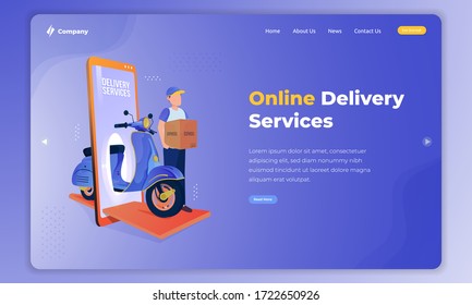 Online delivery service illustration on landing page concept, Isometric illustration about online shipping service