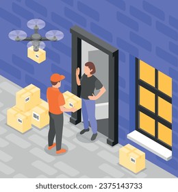 Online delivery service isometric background with women receive package by courier in front of home vector illustration