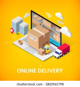 Online delivery service isometric banner concept with storage in laptop, parcel box, truck, buildings. Logistic advert 3d design. Vector illustration for web, mobile app, infographics.