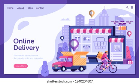 Online delivery service landing page with drone, courier on bike and delivery van with box. Internet shipping web banner with modern city. Transportation and logistic digital shopping ad concept.