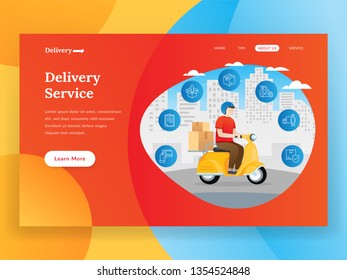 Online delivery service landing page with scooter. Online delivery landing page illustration. Online delivery service vector illustration concept. Internet shipping web banner with city background