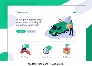 Online Delivery Service Landing Page Template. Courier holding Parcel Box with Purchases and standing near Delivery Van. Online Shopping and Logistic Concept. Flat Isometric Vector Illustration.