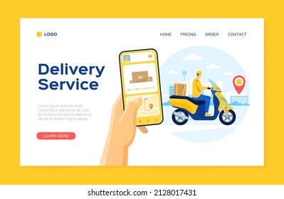 Online delivery service landing page template, courier on scooter. Food order tracking app, delivery men with package vector website concept. Illustration of delivery application for shipping
