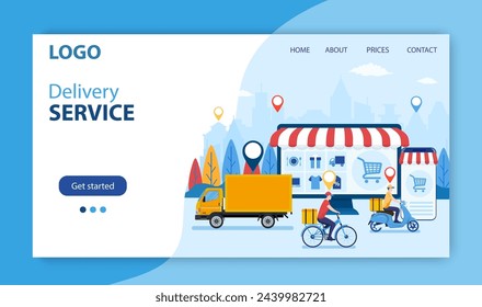 Online delivery service landing page. Internet shipping web banner. Transportation and logistic digital shopping and concept. Vector illustration in flat style