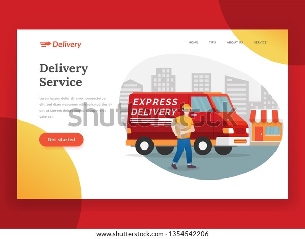 Online delivery\
service landing page with van. Transportation and logistic digital\
shopping. Modern flat design web page design for website and mobile\
website. Vector\
illustration