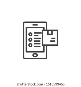 Online delivery service line icon. linear style sign for mobile concept and web design. Mobile phone and package box outline vector icon. Cargo logistics symbol, logo illustration. Vector graphics