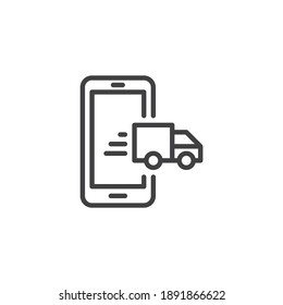 Online delivery service line icon. linear style sign for mobile concept and web design. Mobile phone with delivery truck outline vector icon. Symbol, logo illustration. Vector graphics