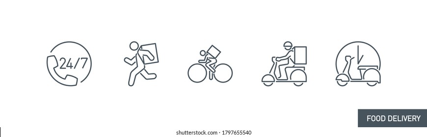 Online delivery service line icons set isolated on white. outline symbols food delivery service banner. Quality design elements running courier Box, bicycle, motor scooter, bike with editable Stroke